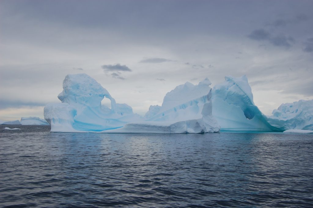 Photo: an old, weathered iceberg floats in a dusky sea, the iceberg carved by the elements to reveal delicate arches and rippling edges