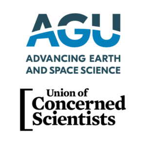 Two logos. First logo reads "AGU: Advancing Earth and Space Science." Second logo reads "Union of Concerned Scientists"