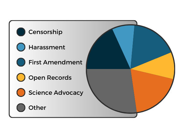 Pie chart showing breakdown of legal cases CSLDF has helped with in 2023.